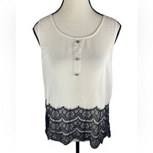 MINE White sheer‎ Sleeveless Top w black lace hem Sz Sfront buttons
